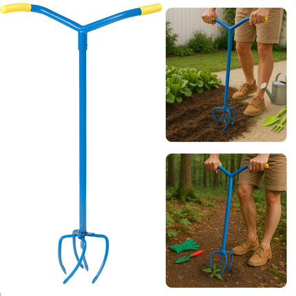 Cheqo® Tuinklauw met Lange Steel – Woelvork 95 cm – Grond Losmaken & Beluchten – Onkruidtrekker – Ergonomisch Tuin Gereedschap – 4 Tanden – Rugvriendelijk – Staal & Kunststof – Cultivator voor Hoveniers