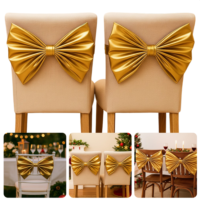Cheqo® Kerst Stoelstrik - Stoelstrik Goud - Set Van 2 - Stoeldecoratie Kerst - Gouden Strik - Kerstdecoratie Stoel - Feestelijke Stoelstrik - Kerstversiering Stoel - Decoratieve Strik - Stoelstrik Set - Kerst Strik