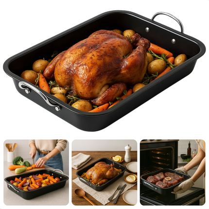 Cheqo® Metalen Ovenschaal - Anti-Aanbaklaag - Rechthoekige Schaal - Braadschaal Met Handvatten - Lasagnepan - Groenteschotel Ovenschaal - Kip Bakken Ovenschaal - Niet Vaatwasmachinebestendig - Handwas Aanbevolen