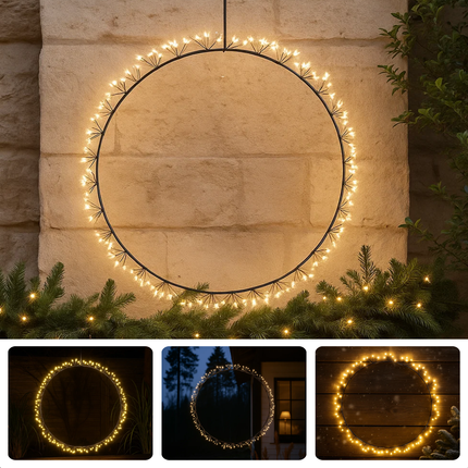 Cheqo® Verlichte Kerstkrans - LED Verlichting - Warm Wit LED - Spatwaterdicht - Buitengebruik - Metalen Frame - 150 LED Lampjes - Zwarte Krans - Diameter 40 CM - Kerstdecoratie - Sfeerverlichting - IP44 - Kerstverlichting Buiten