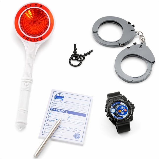 Cheqo® Politie Speelset - Politie Rollenspel Set - Politie Accessoires Speelgoed - Politie Handboeien Speelgoed - Speelgoed Handboeien met Sleutel - Politie Stopsignaal Speelgoed - Politie Horloge Speelgoed - Politie Bonnenboekje Speelgoed