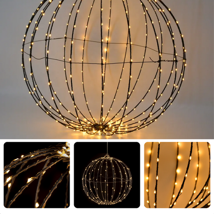 Cheqo® Kerstverlichting Lichtbol - Metaal - 320 LED's - Timer - Extra Warm Wit - Diameter 50 cm - Aanloopsnoer van 300 cm - Opvouwbaar - Voor Binnen en Buiten - Kerstverlichting - Kerstlampjes - Sfeerverlichting - Kerstbol Verlichte Kerstfiguren