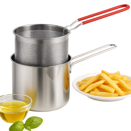 Cheqo® Frituurpan met Korf - Voor Fornuis - Frituur Pan - RVS - 1.2L - Geschikt Voor Gas - Inclusief Frituurmandje
