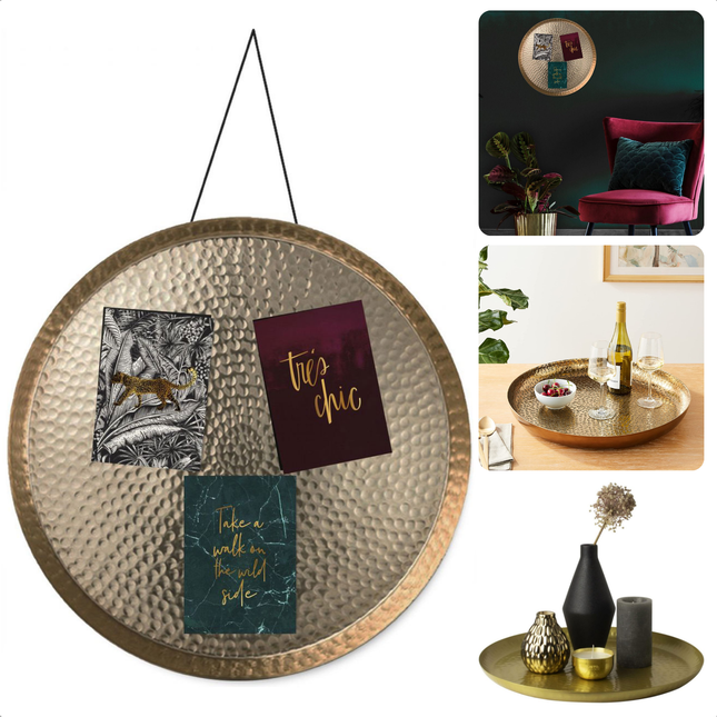 Cheqo® Hangende Decoratie Schaal - Decoratieschaal - Wanddecoratie Schaal - Goud Aluminium - 38 cm - Multifunctioneel Wandbord - Dienblad