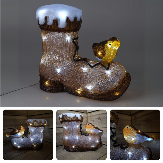 Cheqo® Verlicht Kerstfiguur - Laars met Vogel - Kerstdecoratie Acryl - Vogel Op Laars - LED Verlichting - 28cm - IP44 Geschikt