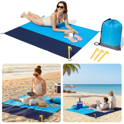 Cheqo® Strandmat - Strandkleed - Picknickkleed - Strandmat Opvouwbaar - Zandvrij Strandkleed - Strandmat Xxl - Waterdicht Strandkleed - Picknickdeken - Stranddeken - Strandmat Groot - Blauw Strandkleed