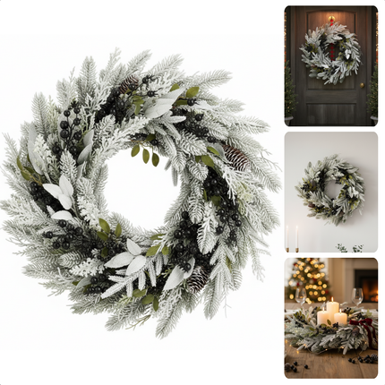 Cheqo® Kerstkrans Met Dennenappels - Winterse Sfeer - Sneeuw Afwerking - Zwarte Besjes - Polyetheen Materiaal - Diameter 50 CM - Deurdecoratie Kerst - Muurdecoratie Kerst - Deurkrans - Kerst Krans