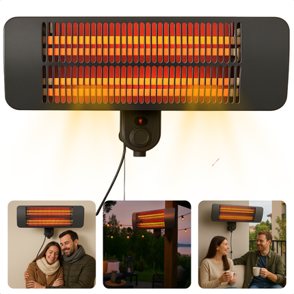 Cheqo® Terrasverwarmer Wandmodel – Infrarood Verwarming Buiten – Elektrische Patio Heater 2000W – Quartz Verwarmingsbuis – 3 Warmtestanden – Spatwaterdicht IP34 – Balkonverwarmer – Weersbestendig – Energie-efficiënt – Wandmontage