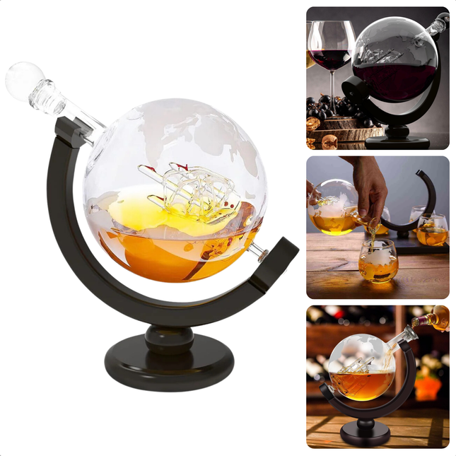 Cheqo® Luxe Whiskey Karaf Globe on Wooden Base, Decanteer Set with Drink Being Poured, Ideal for Whiskey Lovers