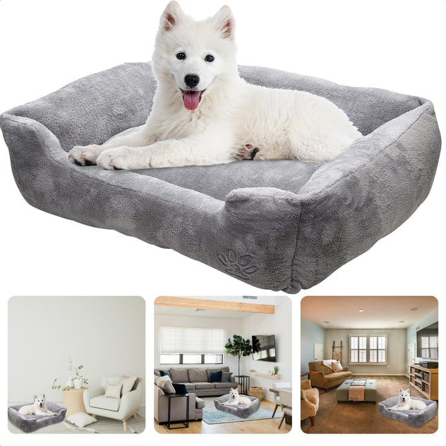 Cheqo® Luxe XL Hondenmand  - Pluche - Soft Microtec - Verhoogde Wanden - Grote Hondenmand - 90 x 70 x 28 cm - Dierenmand - Kattenmand - Hondenkussen - Hondenbed - Lichtgrijs - Extra Fluffy Hondenmanden