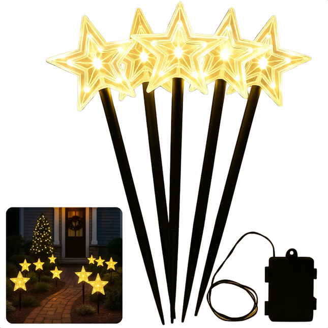 Cheqo® Tuinsteker Kerstster - LED Tuinstekers - Kerstverlichting Buiten - Set Van 5 - Met Timer - Op Batterijen - Warm Wit Licht - Acryl Kerstster - Kunststof Grondpen - IP44 Geschikt Voor Buiten - Automatische Timer - 8 Uur Aan 16 Uur Uit