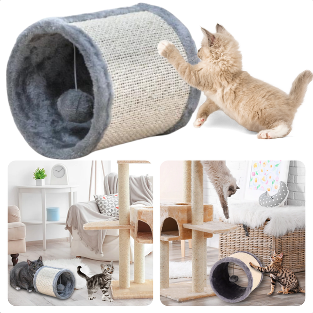 Cheqo® Kattentunnel met Krabfunctie - Krabpaal - Kattenspeelgoed - Interactief Speelgoed met Bal - Sisal Krabton - Duurzaam en Leuk