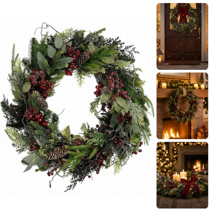 Cheqo® Kerstkrans Bordeaux - Kerstkrans Met Dennenappels - Groene Takken En Bladeren - Bordeauxrode Besjes - Natuurlijke Dennenappels - Ø50 CM - Kerstsfeer In Huis - Voordeur Decoratie - Kerst Krans - Deurkrans