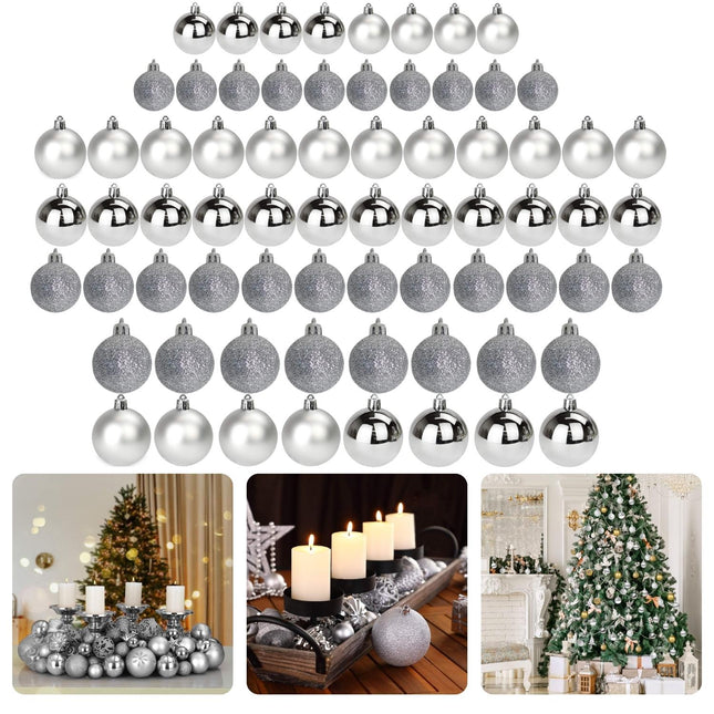 Cheqo® Luxe Kerstballen Set - Kerstballenset - Kerstdecoratie - Kerstboom Versieren - Kerstversiering - Onbreekbaar - Met Ophangoogje - Kerstversiering Kerstboom - Mat - Glans - Glitter - 70 Stuks - Zilver - Verschillende Texturen en Maten Kerstballen