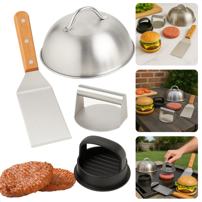Cheqo®  Hamburgerpers en Hamburgermaker Set - Burger Pers - Inclusief Spatel & Deksel - Perfect voor BBQ - Smash Burger - Hamburgers Maken - Burgermaker Set