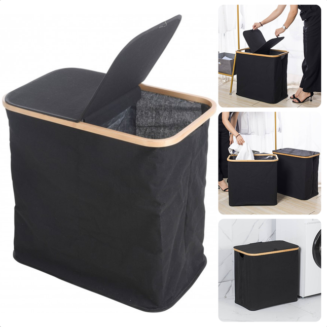 Cheqo® Opvouwbare Wasmand met Deksel en 2 Vakken in Zwart Bamboe Design voor Efficiënt Wasbeheer, 53 x 33 x 51 cm