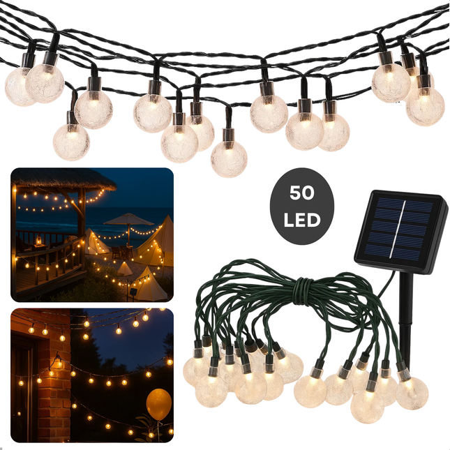 Cheqo® Solar Lichtsnoer - Fairy Lights - Lichtslinger voor Binnen en Buiten - Kerst Verlichting - Tuinverlichting - Feestverlichting Zonne Energie - Solar Buitenverlichting - Solar Tuinverlichting - Warm Wit - 50 LED Bollen