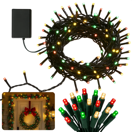 Cheqo® Kerstverlichting - Kerstlampjes - Kerstboomverlichting op Batterij - 192 LED Lampjes - Drie Kleuren Licht - Rood Warm Wit Groen - 8 Lichtfuncties - Geheugenfunctie Verlichting - Timer 6 Uur - Verlichte Lengte 140 CM - Op Batterijen