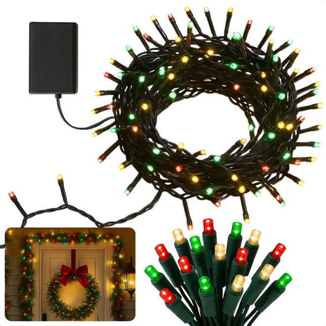 Cheqo® Kerstverlichting - Kerstlampjes - Kerstboomverlichting op Batterij - 192 LED Lampjes - Drie Kleuren Licht - Rood Warm Wit Groen - 8 Lichtfuncties - Geheugenfunctie Verlichting - Timer 6 Uur - Verlichte Lengte 140 CM - Op Batterijen