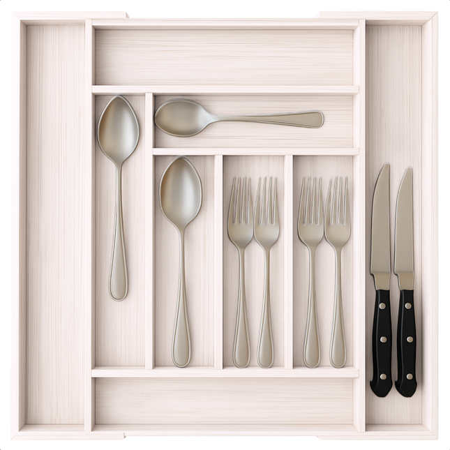 Cheqo® Uitschuifbare Bamboe Bestekbak - Keukenlade - Besteklade Uitschuifbaar - Verstelbare Lade Organizer - Bestekhouder - Wit