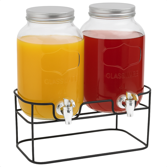 Cheqo® Dubbele Glazen Drankdispenser met Kraantje - Limonadetap - Waterdispenser - Watertap - Drankendispenser - Sapdispenser - 4L - Met Standaard - Ideaal voor Feestjes