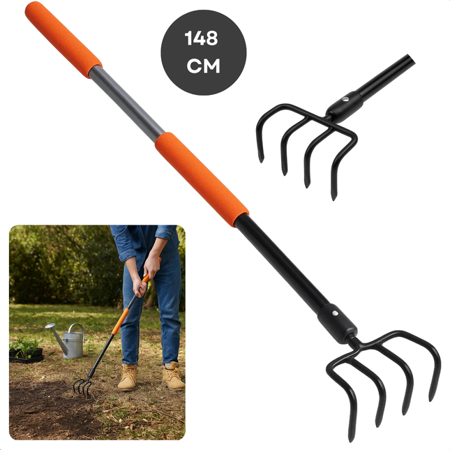 Cheqo® Tuinhark - Glasvezel Steel - Koolstofstaal Kop - 4-Tands Hark - Lichtgewicht Tuinhark - Duurzame Tuinhark - Comfortabele Grip - PVC Handgreep - Tuinieren Gereedschap - Bladeren Opruimen - Tuinafval Verwijderen - Grond Voorbereiden