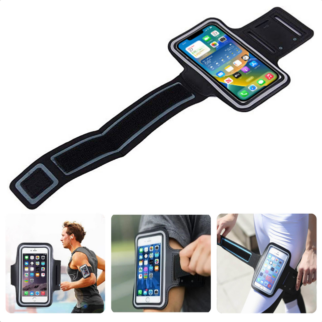 Cheqo® Sport-armband - Neoprene - 7x14 cm - Zwart - Klittenband Bevestiging - Audio-uitgang - Sleutel Opbergvakje - Hardlopen, Fietsen, Fitness - Telefoonhouder - Waterdicht - Sleutel Opbergvakje - Verstelbaar - Unisex sportarmbanden