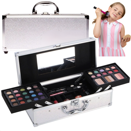Cheqo® Make-up Koffer - Make Up Kinderen Set - Zilver - Kindermake-up Set met Spiegel - Draagbaar en Compleet