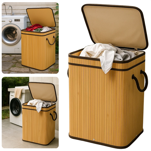 Cheqo® Bamboe Wasmand - Wasmand met Deksel - Uitneembare Wasbare Binnenzak - 72 Liter - Natuurlijk Bruin - Klapdeksel - Wasmand 1 Vak