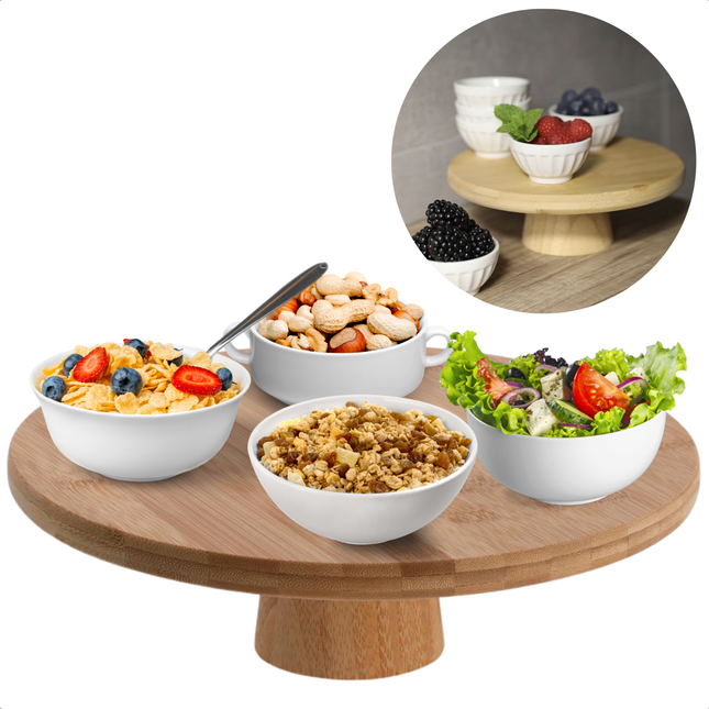 Cheqo® Bamboe Serveerplank op Voet - Ronde Plank 28 cm - Stijlvolle Houten Serveerplank - Borrelplank - Hapjesplank - Ronde Borrelplank - Duurzaam - Tapasplank - Perfect voor Feestjes en Borrels