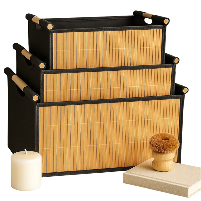 Cheqo® Bamboe Opbergmanden - Set Van 3 - Multifunctionele Manden - Badkamermanden - Stapelbare Manden - Houten Handvatten - Naturel En Zwart - Opbergdoos - Kastmanden - Bamboe Materiaal - Verschillende Formaten - Opbergoplossing