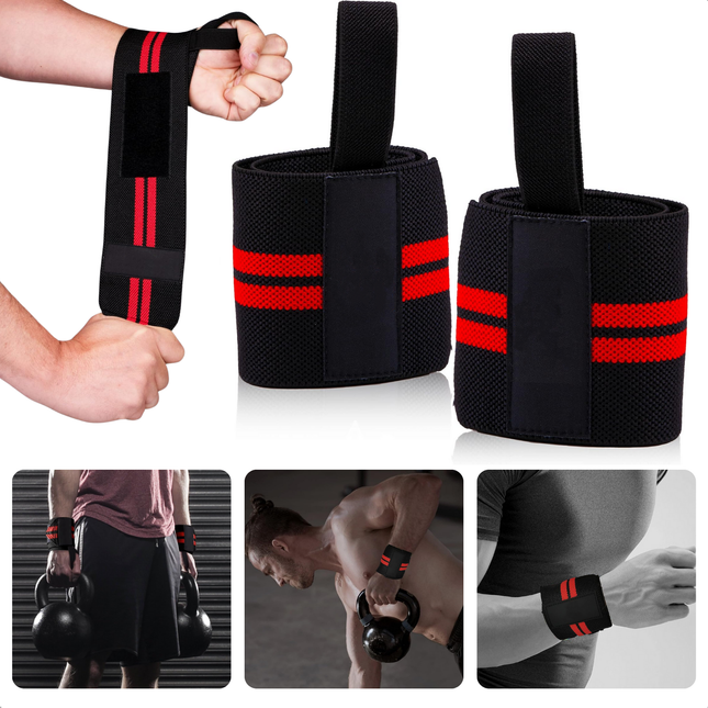 Cheqo® Polsbeschermers voor Krachttraining - Set van 2 CrossFit Polsband Polsbandage - Polsbrace - Verstelbare Wrist Wraps - Zwart met Rood