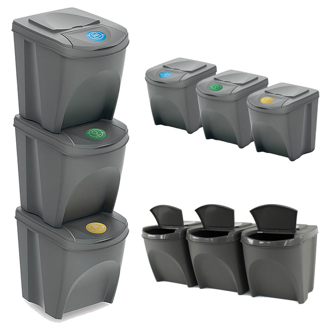 Cheqo® Stapelbare Afvalscheidingsbakken - Set van 3 - Prullenbakken - 75 liter - Stapelbaar - Stickervel - Afvalbak - Afvalscheiden - 3 Vakken - Recycle Afvalbak - Milieubewust afvalscheidingprullenbakken