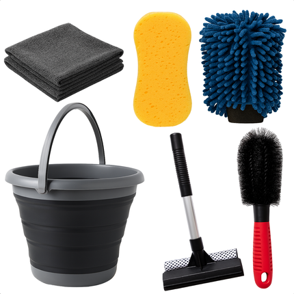 Cheqo® Auto Schoonmaakset 7-Delige Set – Microvezel Doek & Autowashandschoen – Opvouwbare Emmer – Velgenborstel – Raamwisser – Auto Interieur & Exterieur Reiniging – Compact & Lichtgewicht – Zonder Krassen – Auto Poets Set