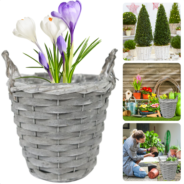 Cheqo® Gevlochten Bloemmand - Plantenmand - Plantenbak Lichtgrijs - 20 cm Diameter - Decoratieve Plantenmand