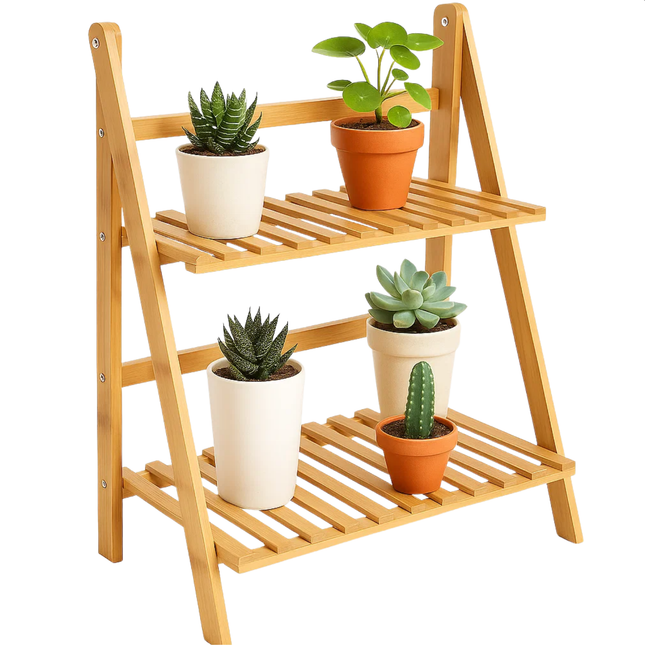 Cheqo® Bamboe Plantenrek - Plantenstandaard Bamboe - 2-Laags Plantenrek - Bamboe Materiaal - Plantenrek Binnen - Compacte Afmetingen - Lichtgewicht Ontwerp - Natuurlijke Uitstraling - Decoratief Plantenrek - Gelakt Bamboe