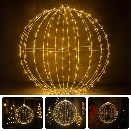 Cheqo® Kerstverlichting Buiten - Decoratieve Bal - Warm Witte LED - Spatwaterdicht - Tuinverlichting - Kerstdecoratie - Zilveren Frame - LED Lampjes - Timer Functie - 50 CM Diameter - Hangende Verlichting - IP44 - Kerst Decoratie