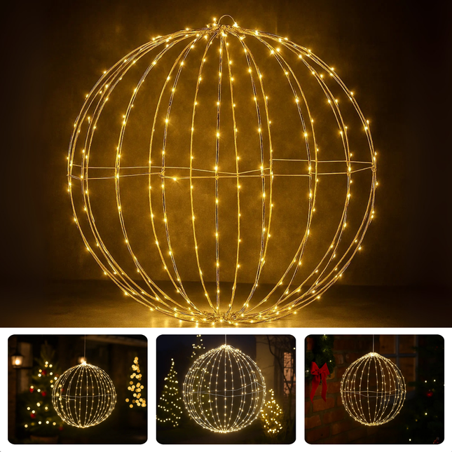 Cheqo® Kerstverlichting Buiten - Decoratieve Bal - Warm Witte LED - Spatwaterdicht - Tuinverlichting - Kerstdecoratie - Zilveren Frame - LED Lampjes - Timer Functie - 50 CM Diameter - Hangende Verlichting - IP44 - Kerst Decoratie