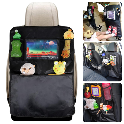 Cheqo® Autostoel Organizer met Tablethouder - Auto Stoel Beschermhoes - Auto Organizer voor Kinderen - Zwart - Verstelbare Opbergtas - 70x45 cm - Vlekbestendig