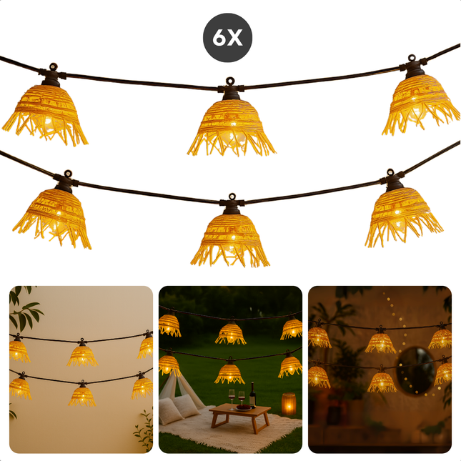 Cheqo® Tuinverlichting Lichtsnoer - Lichtslinger - Sfeerverlichting LED voor Buiten - Rattan Lampenkappen - Warm Wit - Timer - IP44 Buiten