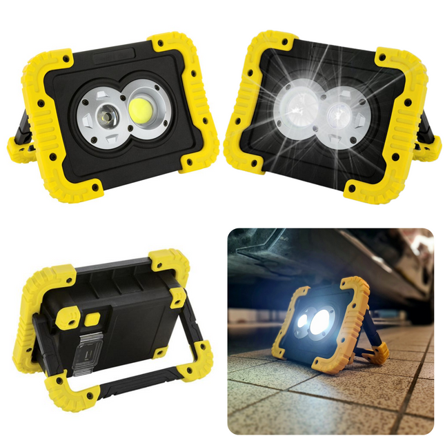 Cheqo® Compacte LED-Werklamp - USB oplaadbaar - 10W - 800 Lumen - 3 Lichtinstellingen - Inklapbare Standaard - Schokbestendig - Spatwaterdicht - Incl. Micro USB-kabel - 17x12x5 cm - Bouwlamp - Breedstraler - Anti-Slip - Schokbestendig - Spatwaterdicht Bouwlampen