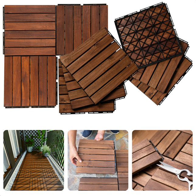 Cheqo Natuurlijk Houten Terrastegels voor balkon en terras, eenvoudig te monteren kliktegels, set van 9 voor stijlvolle buitenruimte.