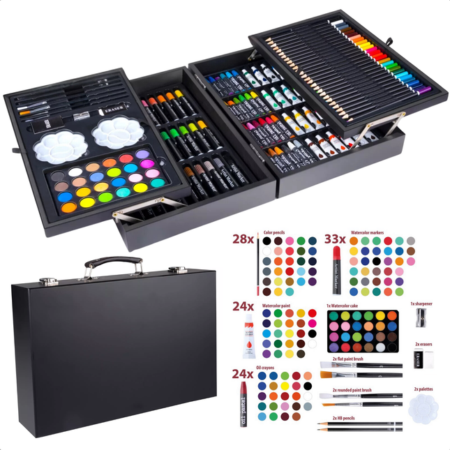 Cheqo® XL 145-Delige Houten Tekendoos - Tekenset - Tekenen - Schilderen - Schilderset - Complete Schilder- en Tekenset voor Volwassenen - Creatieve Kunstset