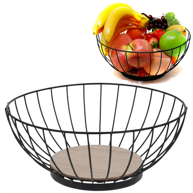 Cheqo® Design Fruitschaal - Fruitmand - Draadmand - Zwart Metaal - 28 cm - Houten Bodem - Moderne Keuken Decoratie