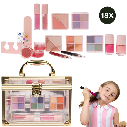 Cheqo® Kindermake-up Koffer - Goud/Transparant - Complete Set met Nagellak en Oogschaduw - Beauty Case met Vakken - Visagiekoffer - Cosmeticakoffer - Beautycase