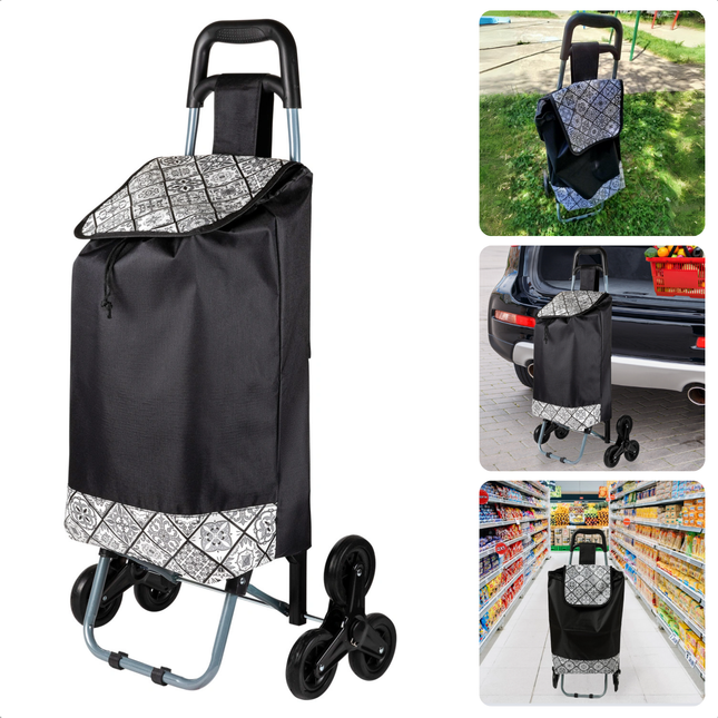 Cheqo® boodschappentrolley met trapklimmende wielen, opvouwbaar ontwerp en 35L capaciteit voor moeiteloos boodschappen doen.