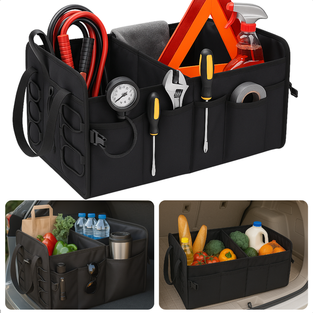Cheqo® Kofferbak Organizer Auto – Opvouwbare Auto Opbergtas met Meerdere Compartimenten – Zwarte Kofferbak Opbergbox – Anti-Slip Ontwerp met Klittenband – Auto Accessoires – Waterdicht – Autostoel Organizer – Gereedschapstas