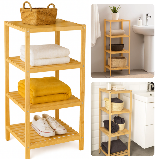 Cheqo® Bamboe Badkamerrek - Badkamermeubel Bamboe - Badkamerrek 4 Niveaus - Vrijstaand Badkamerrek - Handdoeken Opbergen - Badkamer Accessoires Opbergen - Badkamer Kast - Handdoek Rek - Badkamer Organizer