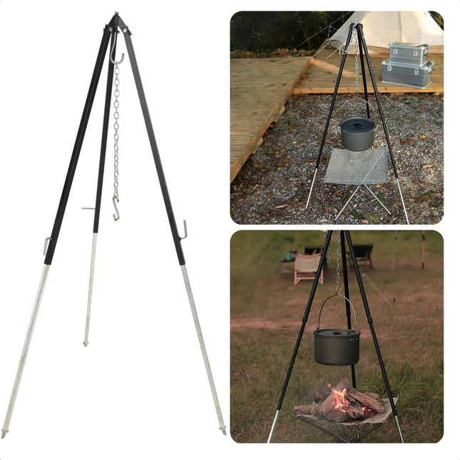 Cheqo® Driepoot Standaard - Stabiel Buiten Koken - 150cm - In Hoogte Verstelbaar - Camping - BBQ Statief - Tripod - Extra Sterk - Grondstekers - Metaal - Kookstatief Driepoot Barbecues