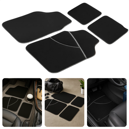 Cheqo® 4 Stuks Automatten - Auto Vloermatten - Anti-SlIP Laag - Zwart/Wit Automatten - Pvc/Polyester Materiaal - Universele Automatten - Voor En Achter - Stijlvol Auto Interieur - Eenvoudig Schoon Te Maken - Automat Set
